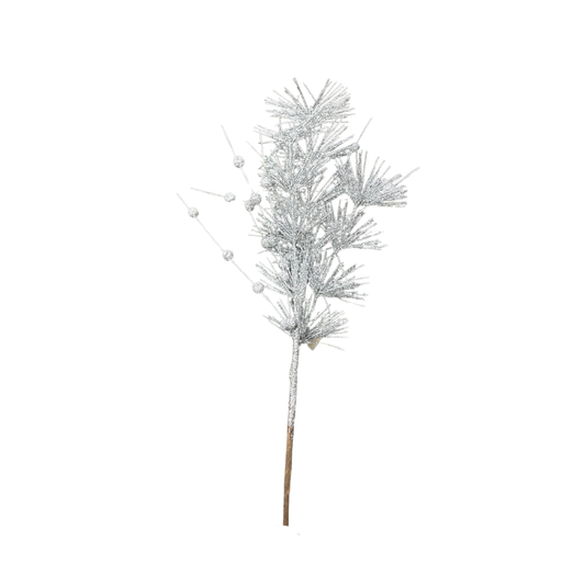 Dazzling Silver Glitter Pine Stem - Icy Winter Christmas Pick for Decorating