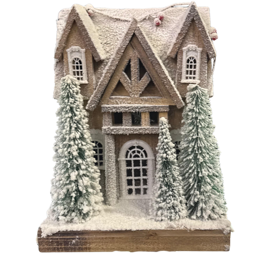 Snow-Covered Christmas House Decoration – Winter Cottage with Frosted Trees