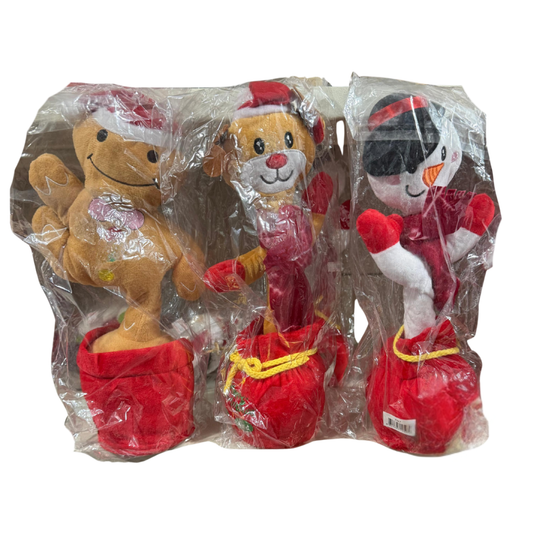 Christmas Plush Characters in Red Gift Bag Base – Reindeer, Bear & Snowman Decorations