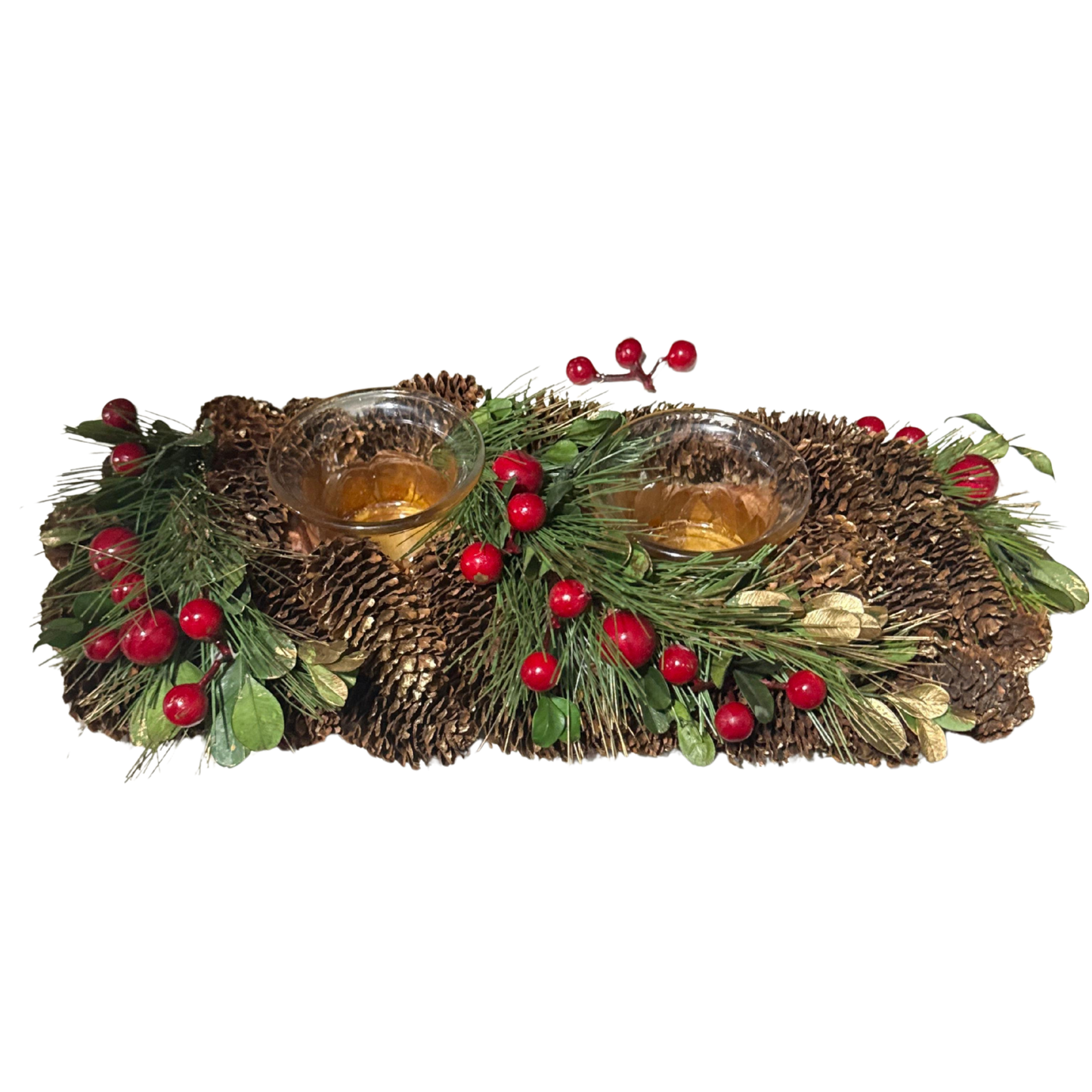 Pinecone & Berry Double Candle Holder – Rustic Christmas Centerpiece