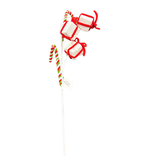 Candy Cane & Gift Box Christmas Pick - Whimsical Holiday Tree Decoration