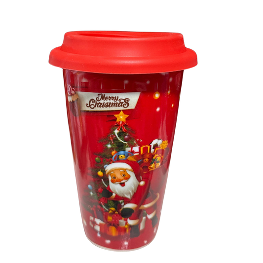 Santa Christmas Travel Cup with Red Lid – Festive Holiday Mug