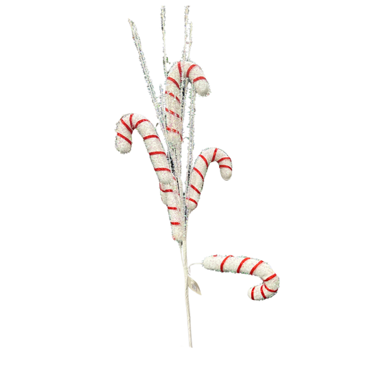 Glittery Candy Cane Christmas Pick - Frosted Red & White Striped Holiday Stem