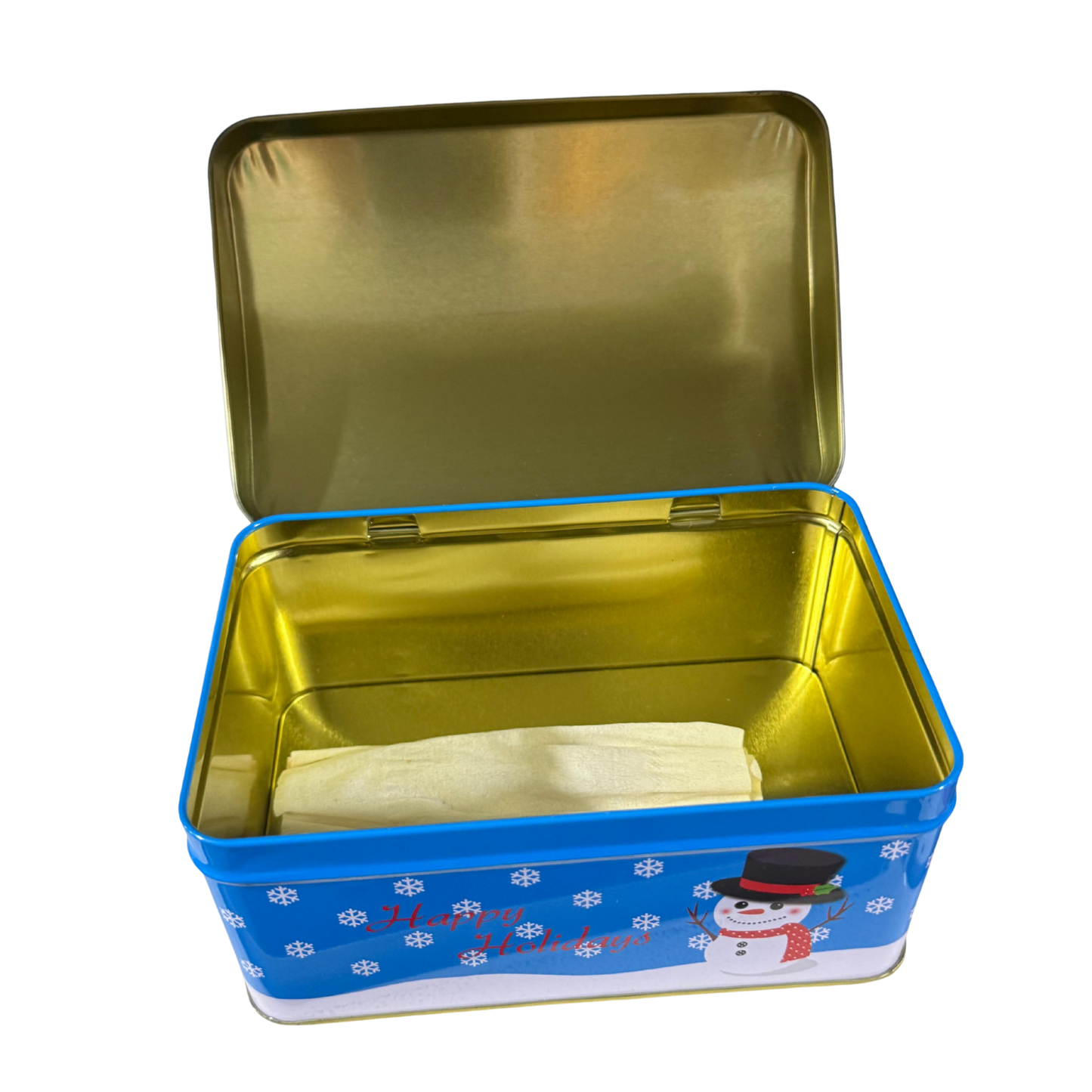 Snowman “Happy Holidays” Tin Box – Festive Storage & Gift Container