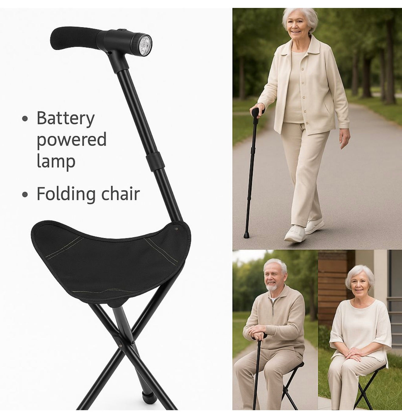 Foldable Walking Cane with Seat & LED Light