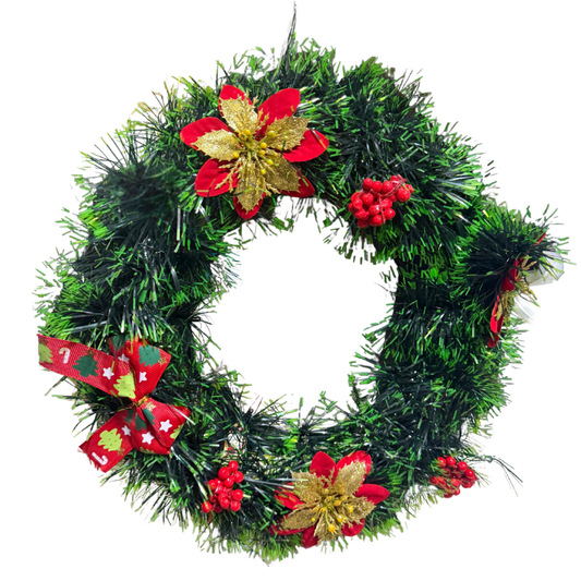 Festive Christmas Wreath – Green Garland Ring with Poinsettias, Berries & Ribbon