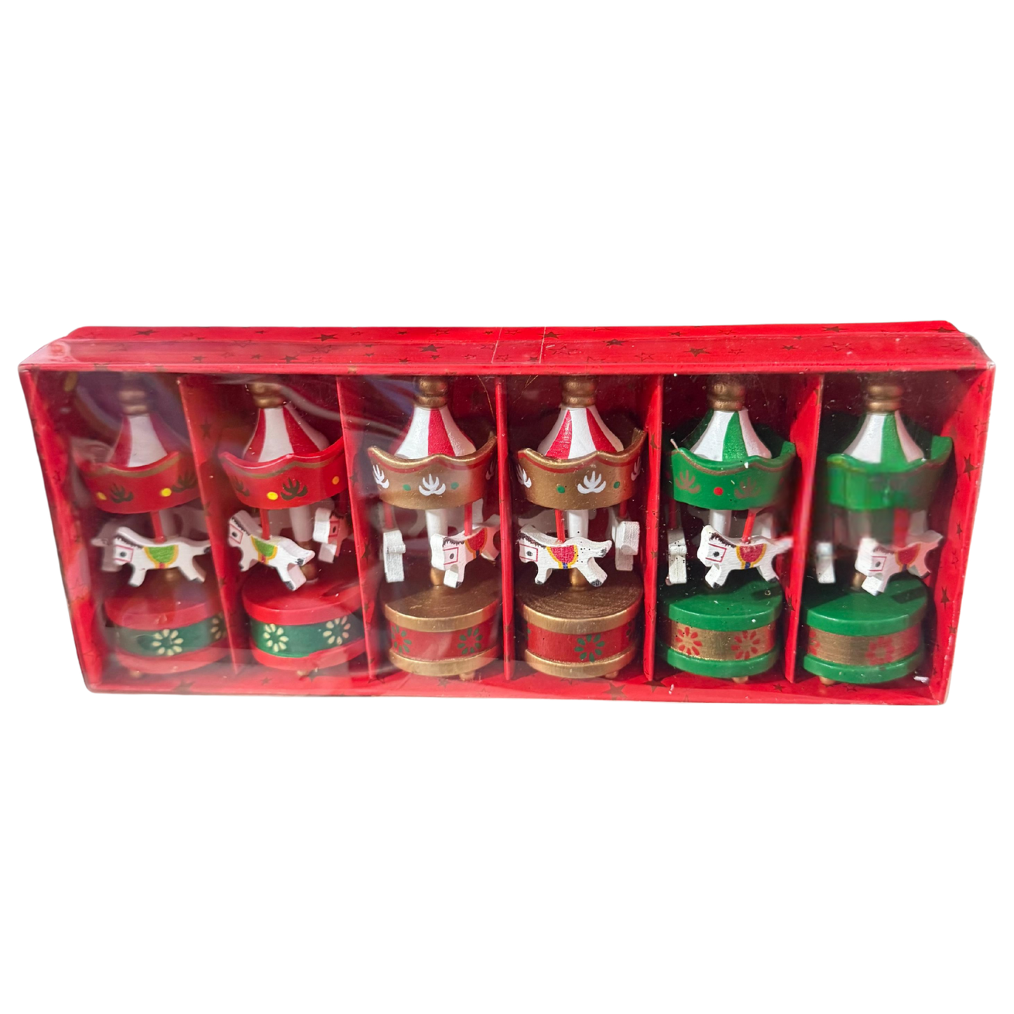 Mini Wooden Carousel Ornaments – 6-Piece Christmas Decoration Set